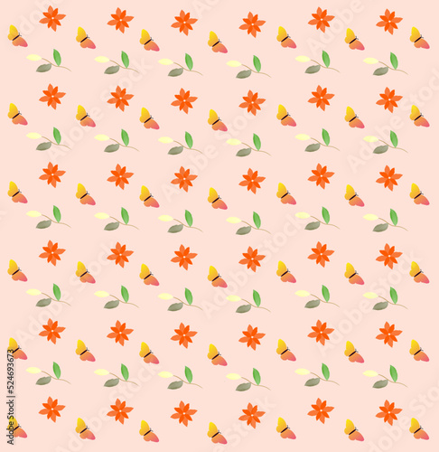 Autumn pattern with flowers, butterflies, green leaves. 
