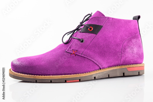 Male pink leather boot on white background, isolated product. Differentiated footwear and exclusive design.