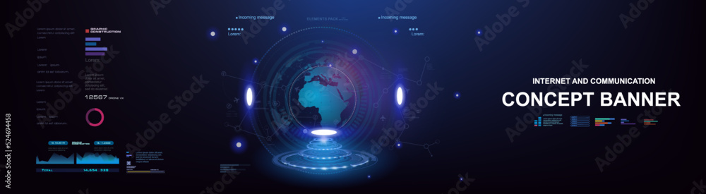 Conceptual futuristic cyber banner with HUD elements. Internet technologies and communications on futuristic background. The process of exchanging information through the global Internet