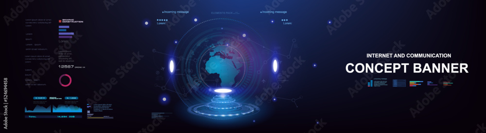 Conceptual futuristic cyber banner with HUD elements. Internet technologies and communications on futuristic background. The process of exchanging information through the global Internet Conceptual futuristic cyber banner with HUD elements. Internet technologies and communications on futuristic background. The process of exchanging information through the global Internet
