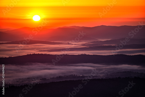 Morning landscape of the San River valley on the border between Poland and Ukraine.