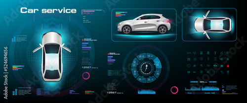 Futuristic digital dashboard with car and parameters. Vehicle HUD interface with navigation panel in three projections. Network settings for smart car electronics. Automated electronic vehicle control