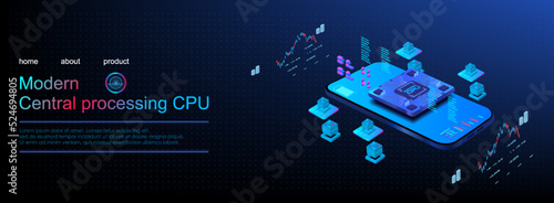 Mobile phone with processor on the screen. Mobile phone in axonometric projection. Futuristic microprocessor for smartphone. Modern digital microchip. Advanced technologies of electronic systems