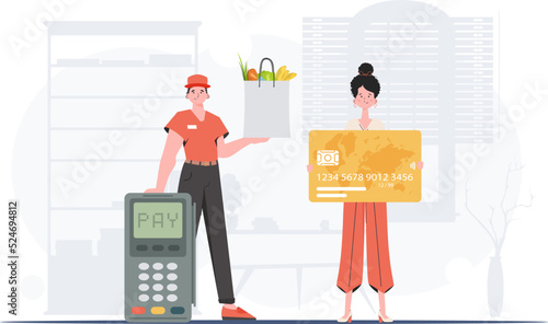The concept of food delivery to the house. Vector. Trendy cartoon style.