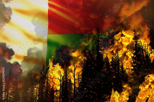 Forest fire natural disaster concept - heavy fire in the trees on Madagascar flag background - 3D illustration of nature