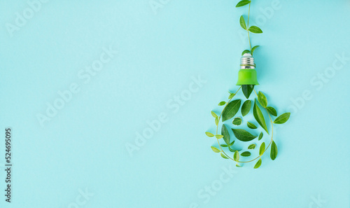 Photography Eco lightbulb from green leaves top view