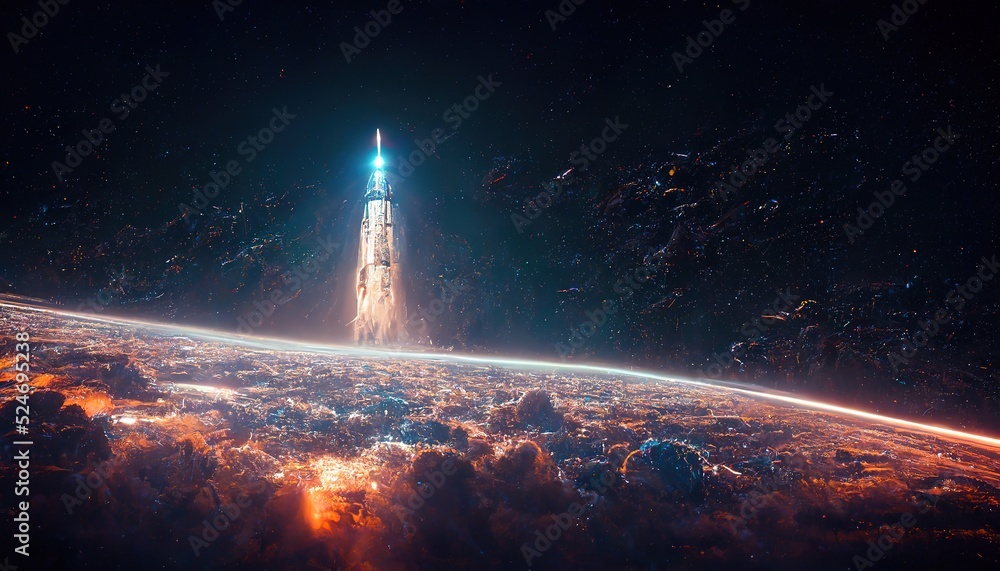 Spaceship takes off into the starry sky. Rocket starts into space. 3d rendering.