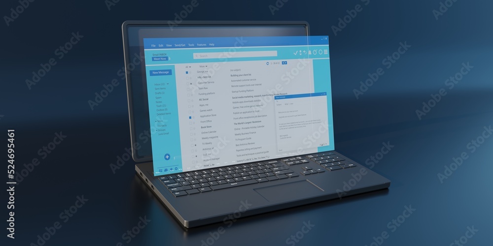 Client mail list on computer laptop screen. Email message communication.