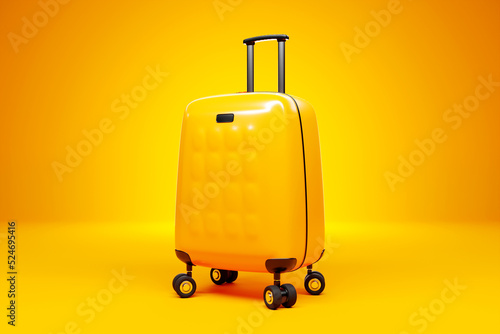Close-up of a yellow travel suitcase on wheels on a yellow background. 3d rendering