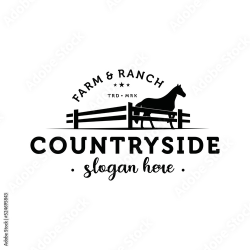 Horse silhouette behind wooden fence paddock for countryside western country farm ranch logo design