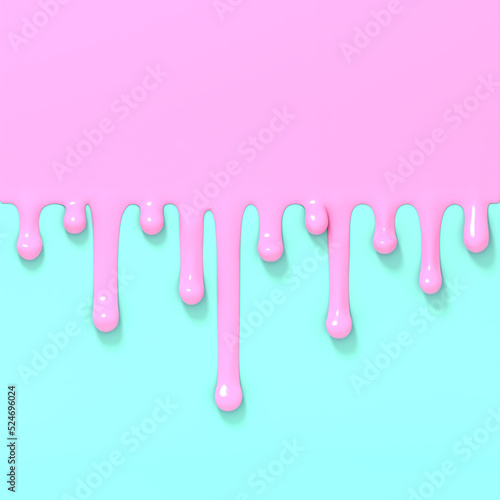 Pink paint drips flow down blue wall.