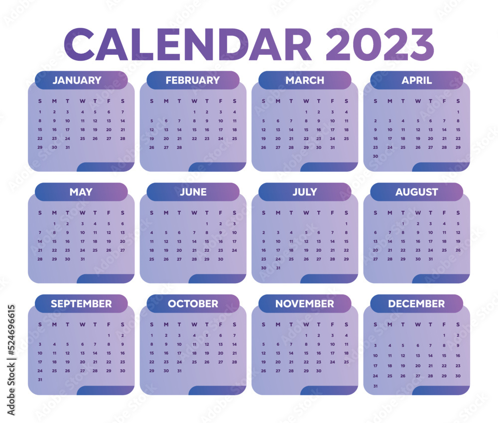 Gradient 2023 calendar template with purple color Stock Vector Adobe