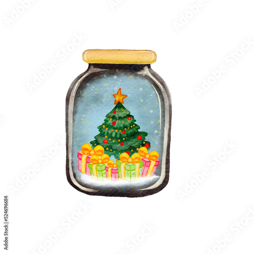 Christmas tree in jar.Merry Christmas tree and gift box 