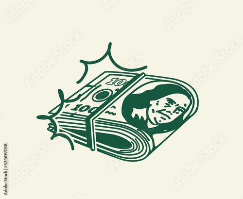 Money pack in hand drawn cartoon style. Wad of cash business profit or salary or payment. Vector illustration isolated on white background