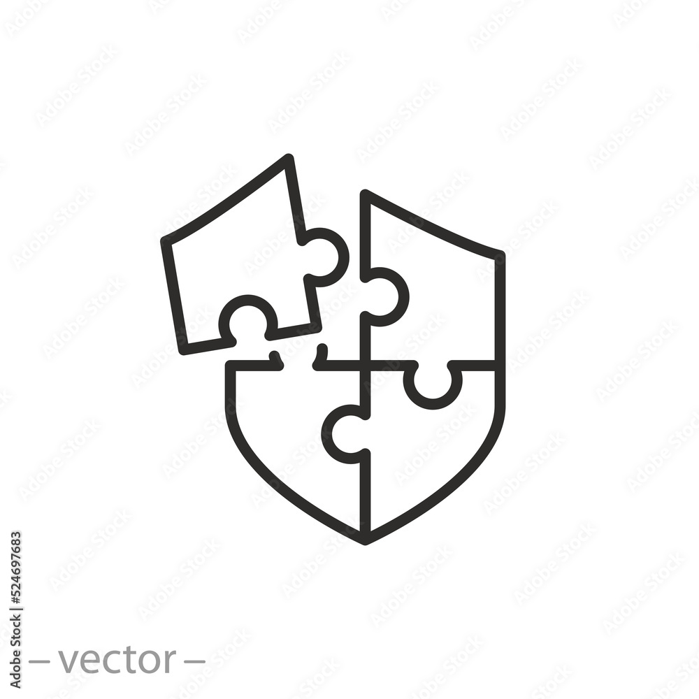 puzzle shield icon, cyberspace safety, virus security, protect solution, thin line symbol on white background - editable stroke vector illustration puzzle shield icon, cyberspace safety, virus security, protect solution, thin line symbol on white background - editable stroke vector illustration