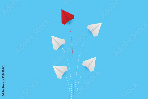 Business creative idea minimal concept. Creative paper planes on blue background. Red airplane changing direction. New idea, change, trend, courage, creative solution, innovation and unique concept.