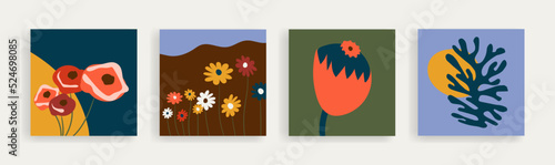 Colorful hand drawn abstract floral patterns include leaves, botanic patterns and geometric organic shapes. Modern, minimal, monochromatic and trendy abstract graphic elements. Vector illustration.