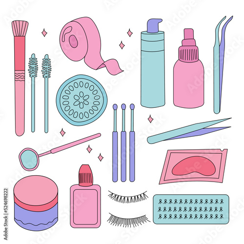 Set of eyelash extension tools isolated on background. doodle