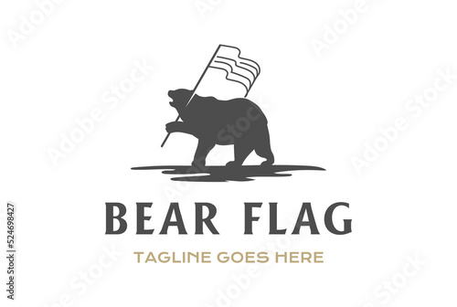 Standing Ice Polar Grizzly Bear Silhouette Hold American US Swoosh Flag Logo Design photo