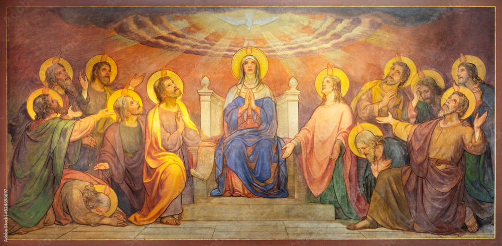 BERN, SWITZERLAND - JUNY 27, 2022: The fresco of Pentecost in the church Dreifaltigkeitskirche by August Müller (1923). - obrazy, fototapety, plakaty 