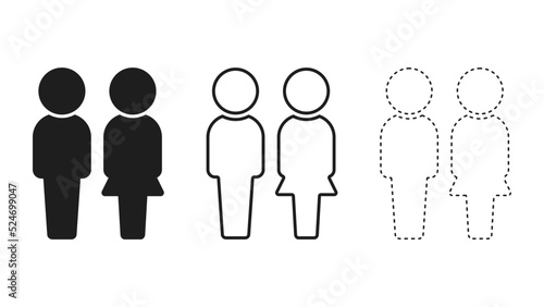 3つのデザインの立っている2人組の男女のアイコン･ピクトグラム - 黒1色･線画･点線のセット
