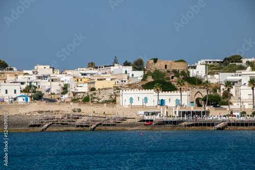 the town Santa Maria di Leuca and Morciano tower as seen from sea, Apulia region Italy