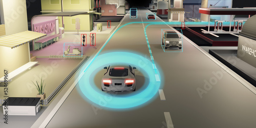 Auto Pilot autonomous car self-driving vehicle car driverless object detection sensor digital speedometer UGV Advanced driver assistant system 3d illustration