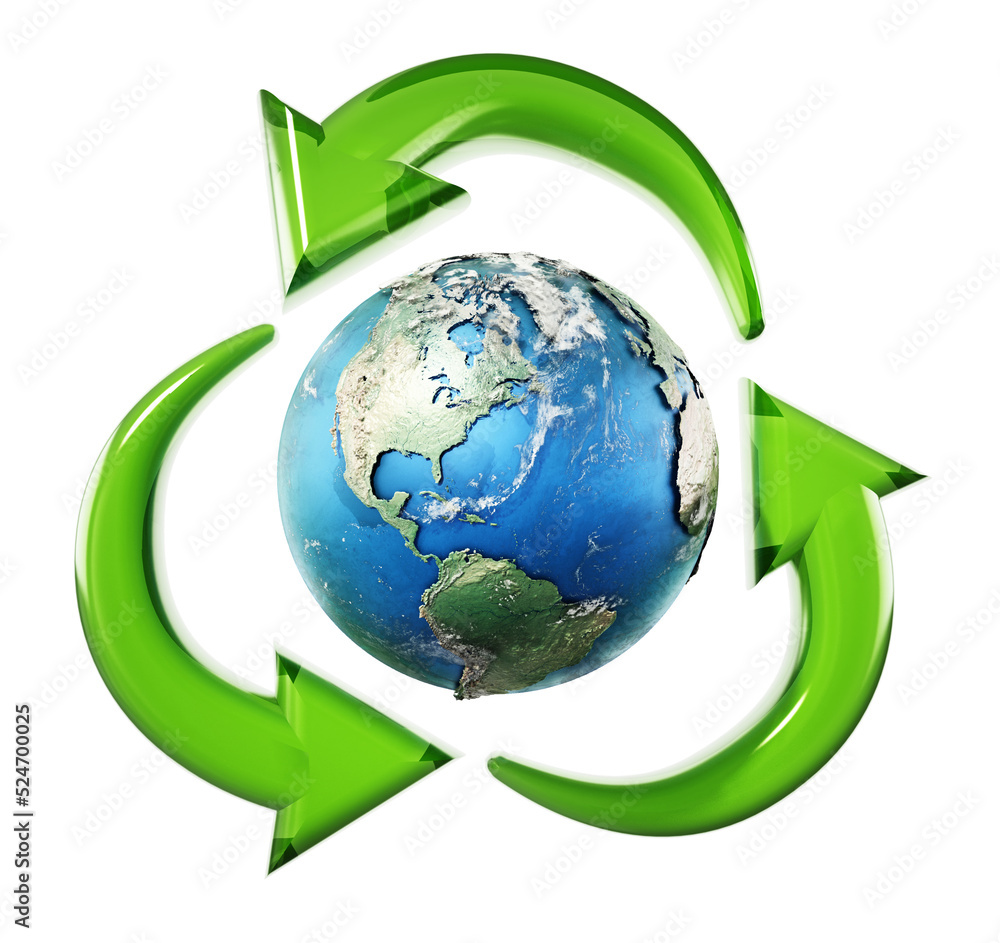 Turning green arrows around the earth form recycling symbol. 3D