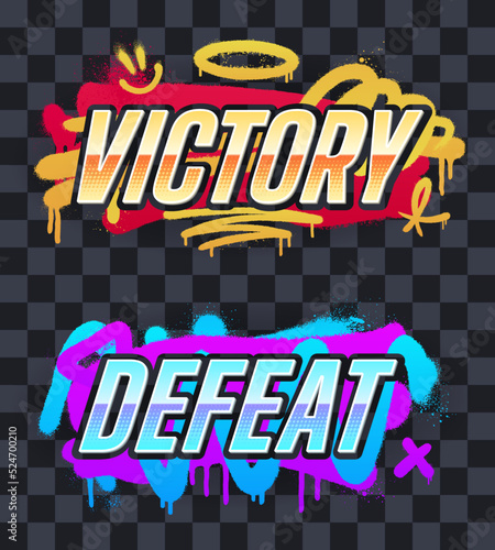 Victory and defeat game banners on a transparent background. Colorful spray paint strokes, big shiny letters. Bright aerosol splashes. Eps10 vector