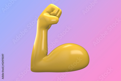 Emoji. Arm. Biceps. Emoticons. 3D rendering of emoji isolated on a gradient background. Space to write. Illustration. 3D illustration. Isolated background. Ready for your mockup design template.