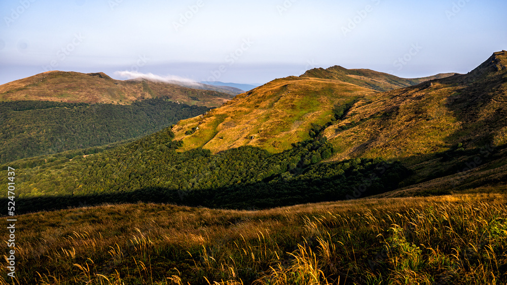 The highest part of the Bieszczady Mountains in Poland in the late summer morning.