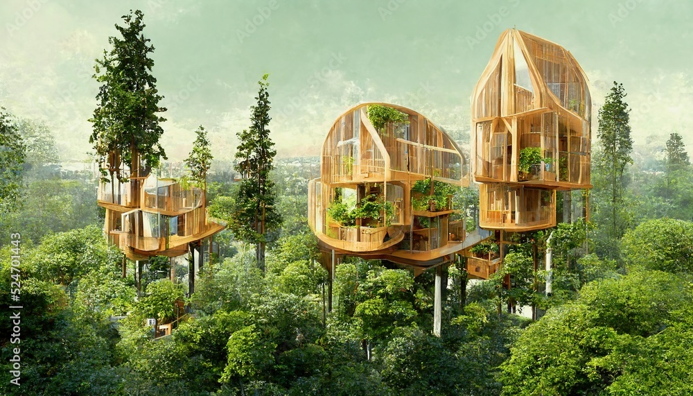 Spectacular image of a sustainable tree house surrounded by greenery in