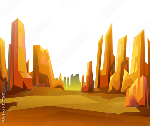 Rocky landscape. Sharp stone cliffs. View of an uninhabited planet. Empty place among sharp fragments. Desert during the day. Isolated on white background. Vector