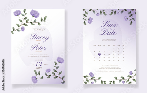 Vector wedding invitation with purple watercolor flowers.