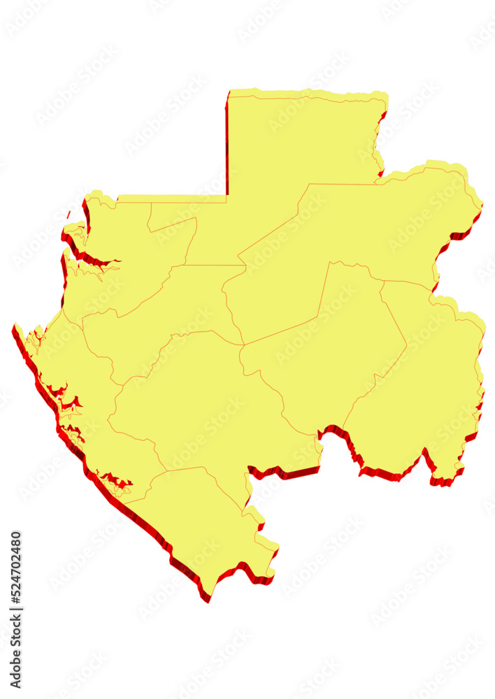 Obraz premium Illustration of the map of Gabon with Unitary District, Region, Province, Municipality, Federal District, Division, Department, Commune Municipality, Canton Map 3D