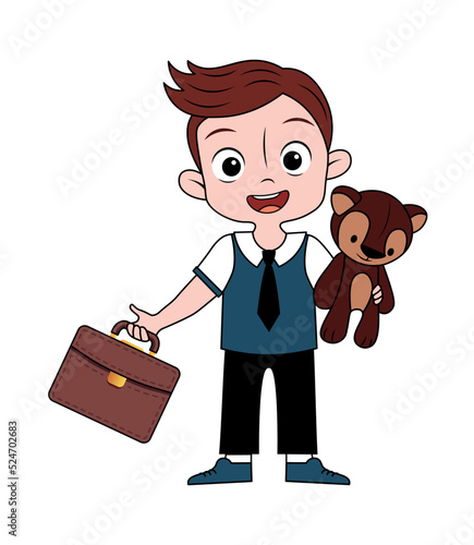 
vector illustration. schoolboy with a briefcase and a teddy bear in his hand. little boy goes to school. cartoon. first grader.