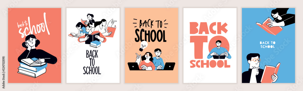 Set of back to school posters. Vector illustration concepts for graphic and web design, business presentation, marketing and print material. International education day, world book day, teachers day. - obrazy, fototapety, plakaty 