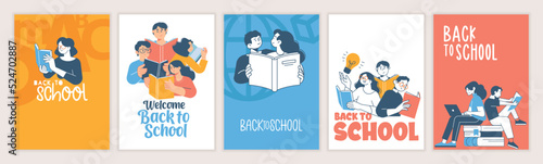 Set of back to school posters. Vector illustration concepts for graphic and web design, business presentation, marketing and print material. International education day, world book day, teachers day.