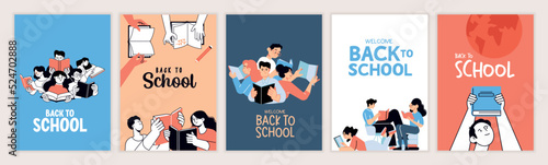 Set of back to school posters. Vector illustration concepts for graphic and web design, business presentation, marketing and print material. International education day, world book day, teachers day.