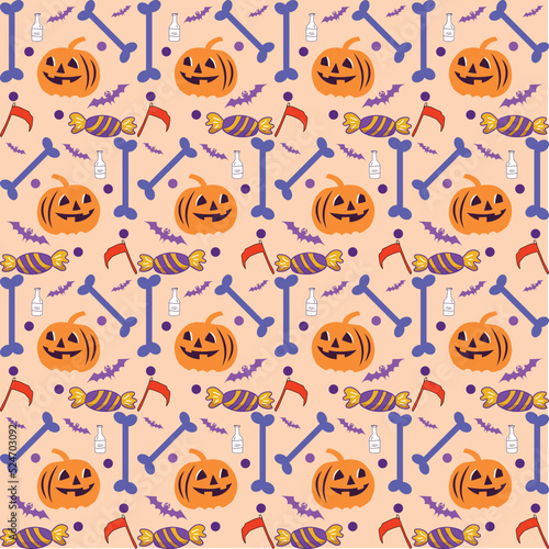 Seamless vector pattern, magic hand drawn doodle. Magic haunted house, pumpkin, cat, bat, cobweb. Mystical holiday pattern.