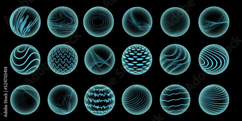 3d abstract circle line figures. Spheres with dots and dynamic lines. Explosion grid, science globe, molecular radiation. Futuristic technology symbols. Vector emblems isolated on black