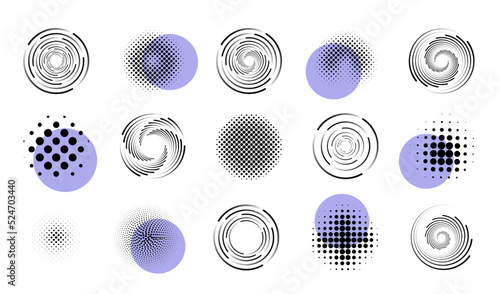 Circle design patterns, dot circular geometry backgrounds. Line and swirls, halftone shape logos, abstract round collage, texture elements. Monochrome emblems or labels. Vector graphic icons