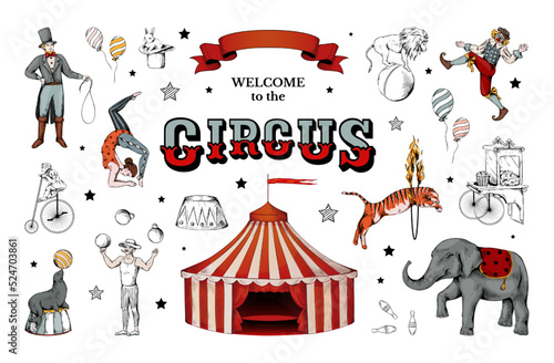 Vintage circus, retro carnival clowns. Acrobat human characters, body design, tent top. Juggler and animals. Welcome banner for entertainment performance. Vector illustration set