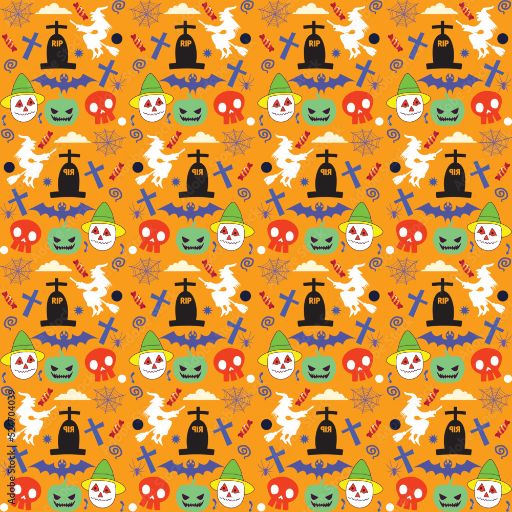 Fototapeta premium Vector Halloween seamless pattern with ghost and pumpkin,Cartoon Halloween seamless pattern