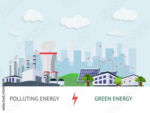 Power plant of solar energy. Sustainable electric production. City environment. Nuclear factory. Fossil fuel. Eco or nature polluted generation stations comparison. Vector landscape