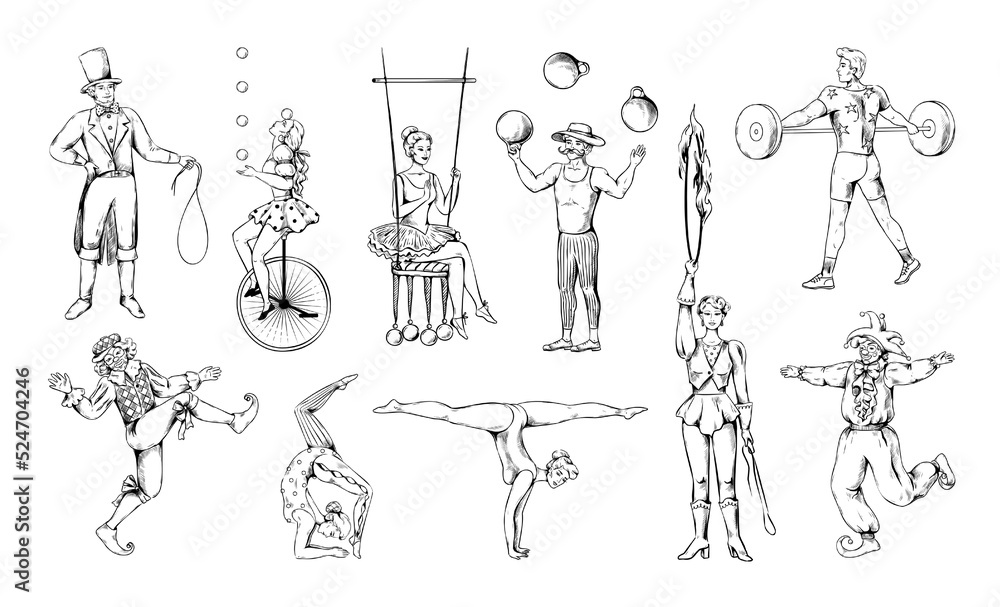 Vintage circus clown. Man balancing on unicycle. Contortionist juggling balls. Acrobat or equilibrist. Actors performance. Athlete with barbell. Retro drawing. Vector doodle sketch set