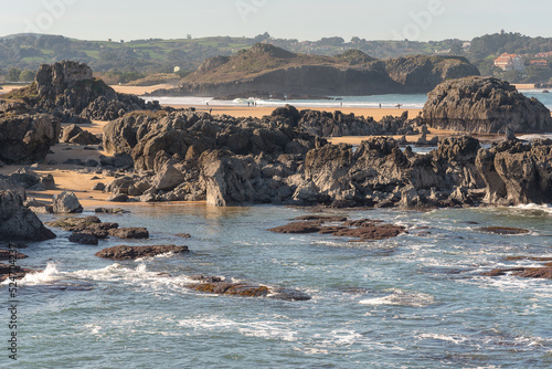 Landscape view of the spectacular rock formations on the beach, Noja, Cantabria, Spain