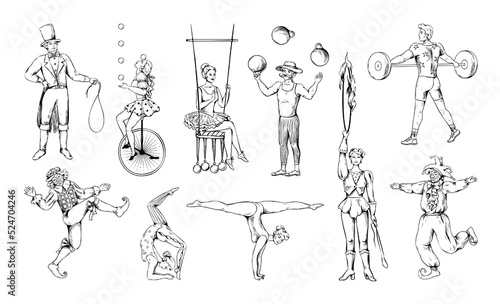 Vintage circus clown. Man balancing on unicycle. Contortionist juggling balls. Acrobat or equilibrist. Actors performance. Athlete with barbell. Retro drawing. Vector doodle sketch set
