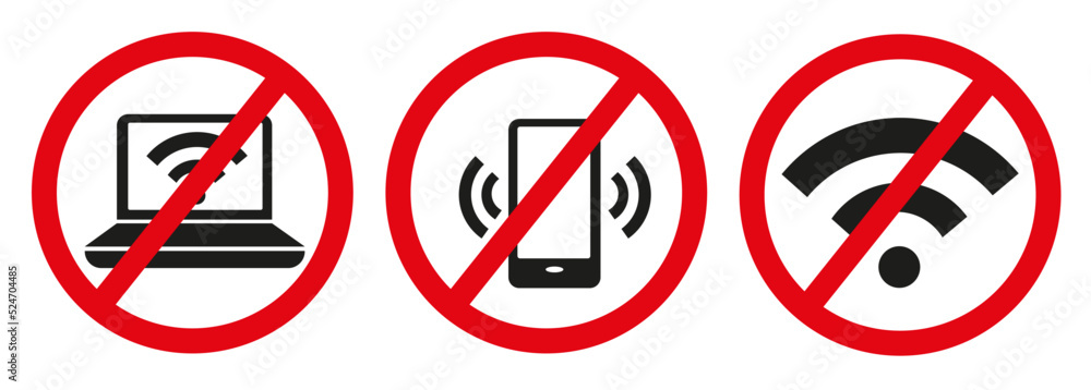 Set of universal mobile phone, laptop and wifi prohibition icons. Set of universal mobile phone, laptop and wifi prohibition icons.