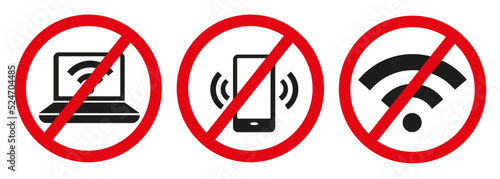 Set of universal mobile phone, laptop and wifi prohibition icons.
